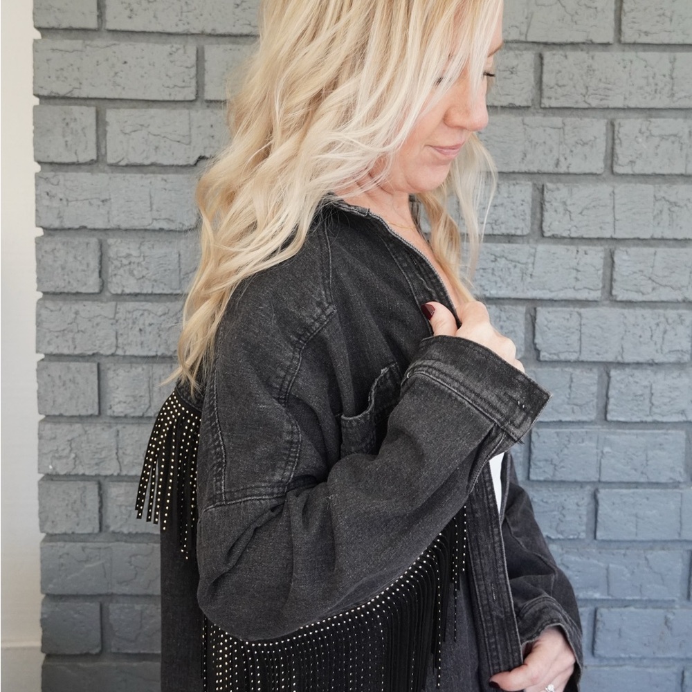 Black Jean Denim  Jacket with Fringe and Studs - Picture 9 of 11